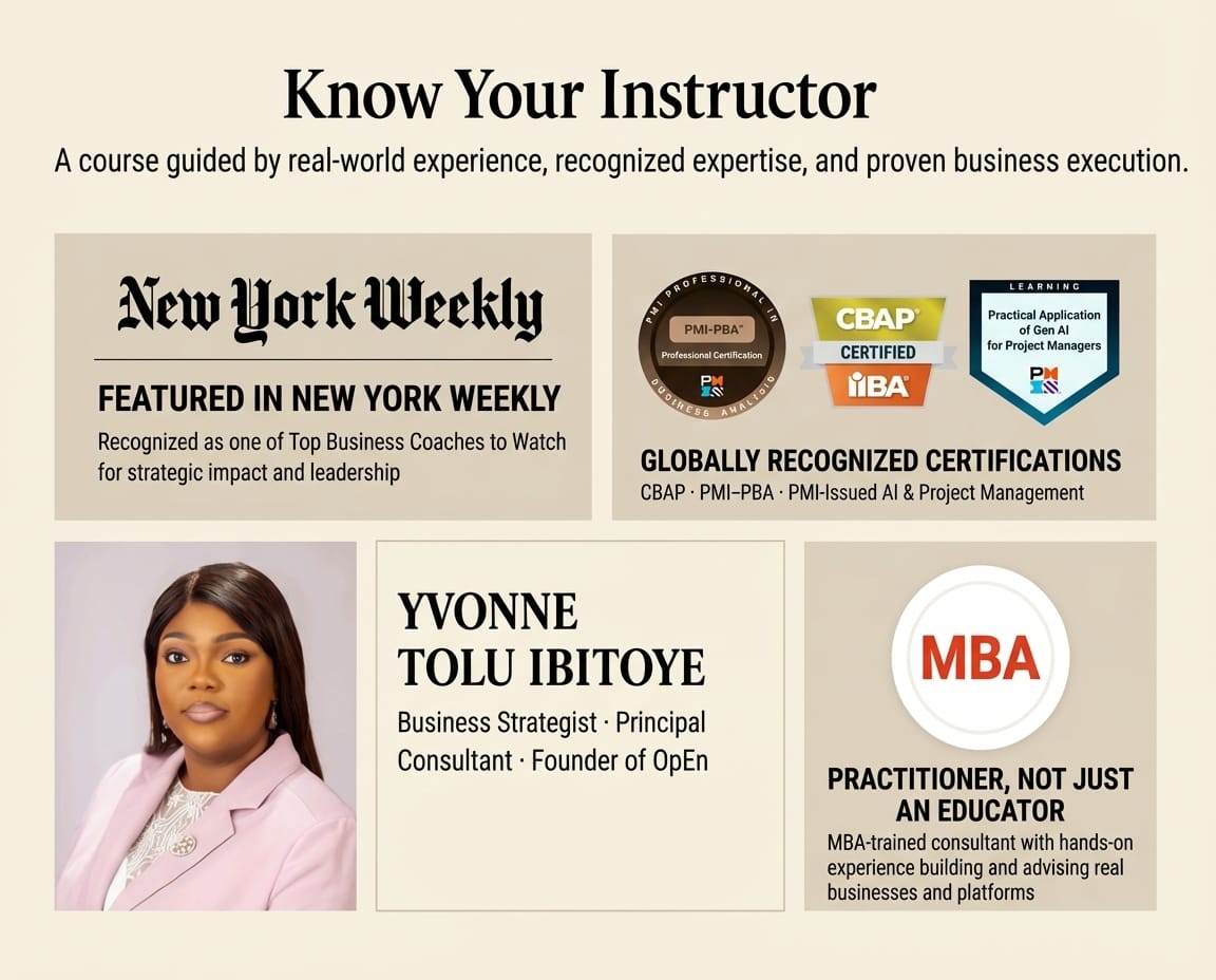 Know Your Instructor — Yvonne Tolu Ibitoye, featured in New York Weekly, CBAP, PMI-PBA, MBA certified